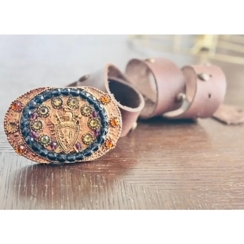 Vintage Brown Leather Jeweled Shield Buckle Belt Size 32